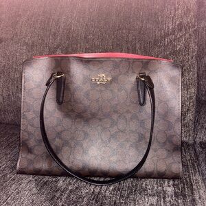 Coach Brown Signature Tote with Pink Trim